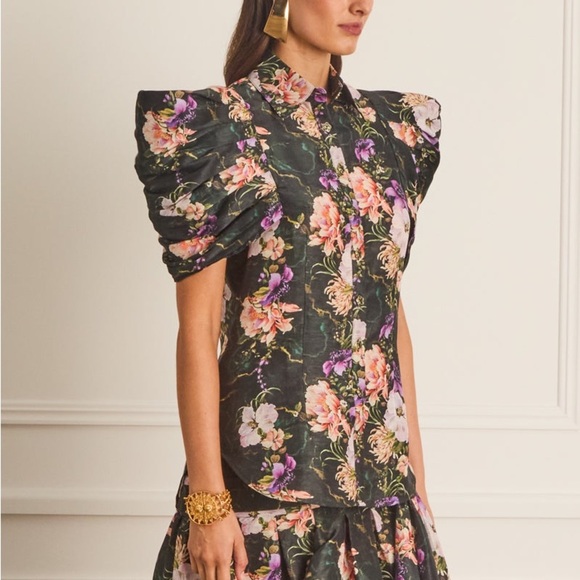 Aqua Blu Australia Tempest Vivien Top Floral Button Down Black Small Linen Silk - Picture 3 of 10